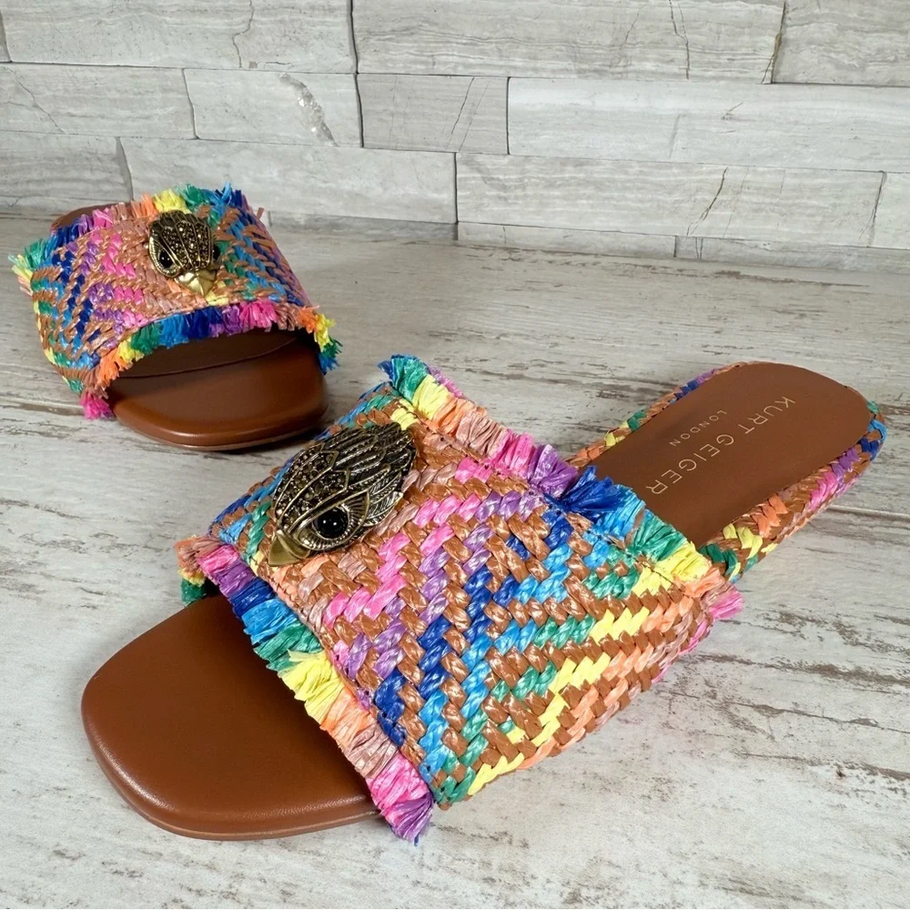 Kurt Geiger Kensington Eagle Casual Flat Raffia Slide Sandals EU 37 New Rainbow - Picture 4 of 16